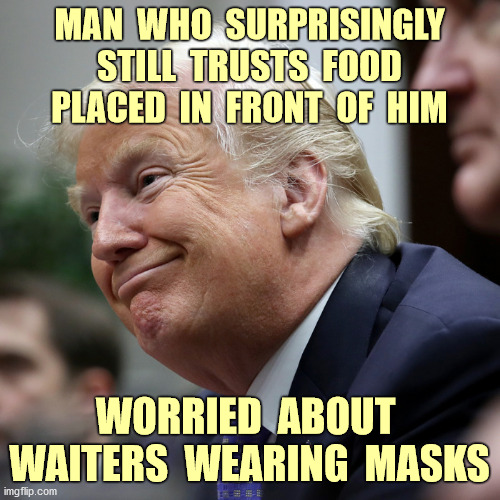Dude, you said it yourself, it spreads through the air | MAN  WHO  SURPRISINGLY
STILL  TRUSTS  FOOD
PLACED  IN  FRONT  OF  HIM; WORRIED  ABOUT  WAITERS  WEARING  MASKS | image tagged in trump pence 2020,pandemic,masks,idiot,funny,memes | made w/ Imgflip meme maker