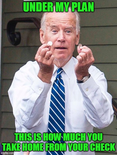 Joe Biden | UNDER MY PLAN; THIS IS HOW MUCH YOU TAKE HOME FROM YOUR CHECK | image tagged in joe biden,donald trump,trump,creepy joe biden,cool joe biden,sad joe biden | made w/ Imgflip meme maker