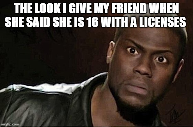 Created by Erin Britt | THE LOOK I GIVE MY FRIEND WHEN SHE SAID SHE IS 16 WITH A LICENSES | image tagged in memes,kevin hart | made w/ Imgflip meme maker