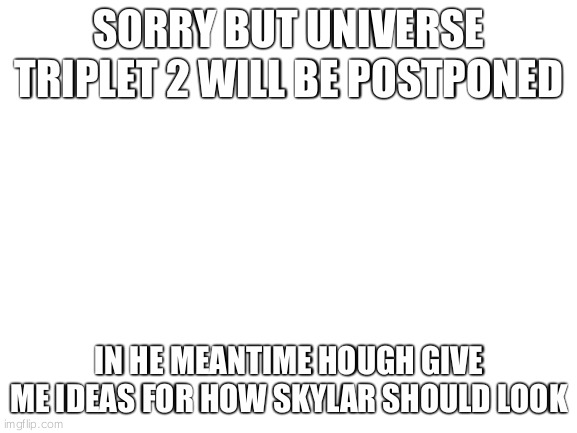 Blank White Template | SORRY BUT UNIVERSE TRIPLET 2 WILL BE POSTPONED; IN HE MEANTIME HOUGH GIVE ME IDEAS FOR HOW SKYLAR SHOULD LOOK | image tagged in blank white template | made w/ Imgflip meme maker