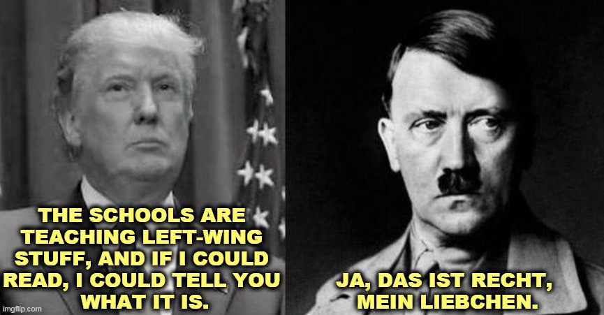 Ivana Trump said under oath that for many years, Trump kept a copy of Hitler's speeches by his bedside. Trump never denied it. | THE SCHOOLS ARE 
TEACHING LEFT-WING 
STUFF, AND IF I COULD 
READ, I COULD TELL YOU 
WHAT IT IS. JA, DAS IST RECHT, 
MEIN LIEBCHEN. | image tagged in trump and his speechwriter hitler,trump,racist,hatred,neo-nazis,desperate | made w/ Imgflip meme maker