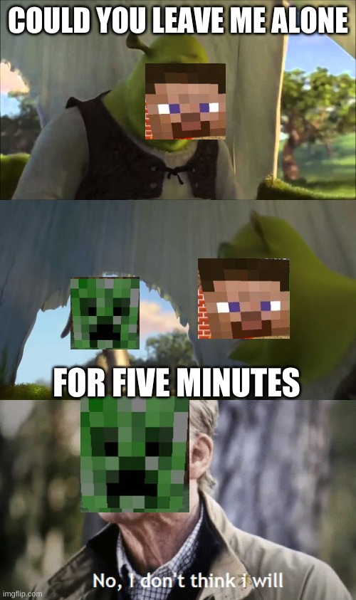 COULD YOU LEAVE ME ALONE; FOR FIVE MINUTES | image tagged in shrek five minutes,no i dont think i will | made w/ Imgflip meme maker