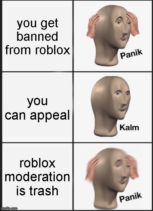 Panik Kalm Panik | you get banned from roblox; you can appeal; roblox moderation is trash | image tagged in memes,panik kalm panik | made w/ Imgflip meme maker