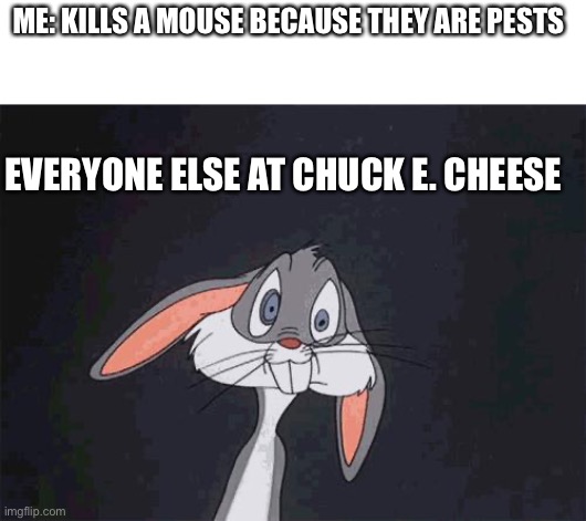 bugs bunny crazy face |  ME: KILLS A MOUSE BECAUSE THEY ARE PESTS; EVERYONE ELSE AT CHUCK E. CHEESE | image tagged in bugs bunny crazy face | made w/ Imgflip meme maker