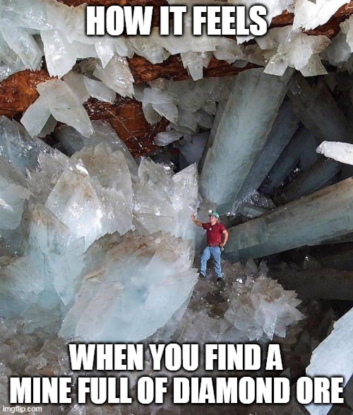 MINECRAFT SURVIVAL | HOW IT FEELS; WHEN YOU FIND A MINE FULL OF DIAMOND ORE | image tagged in minecraft,diamond,minecrafter | made w/ Imgflip meme maker