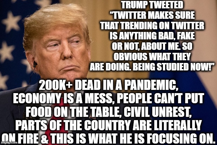 It's No Wonder He's Losing this BADLY! | TRUMP TWEETED “TWITTER MAKES SURE THAT TRENDING ON TWITTER IS ANYTHING BAD, FAKE OR NOT, ABOUT ME. SO OBVIOUS WHAT THEY ARE DOING. BEING STUDIED NOW!”; 200K+ DEAD IN A PANDEMIC, ECONOMY IS A MESS, PEOPLE CAN’T PUT FOOD ON THE TABLE, CIVIL UNREST, PARTS OF THE COUNTRY ARE LITERALLY ON FIRE & THIS IS WHAT HE IS FOCUSING ON. | image tagged in donald trump,insane,twitter,coronavirus,covid-19,election | made w/ Imgflip meme maker
