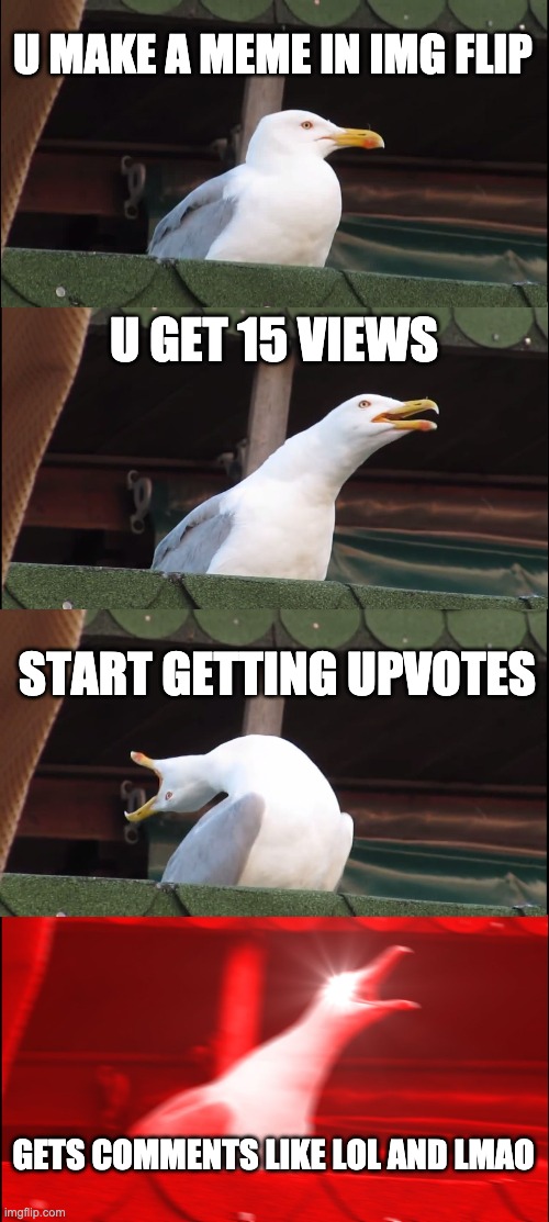 Inhaling Seagull | U MAKE A MEME IN IMG FLIP; U GET 15 VIEWS; START GETTING UPVOTES; GETS COMMENTS LIKE LOL AND LMAO | image tagged in memes,inhaling seagull | made w/ Imgflip meme maker