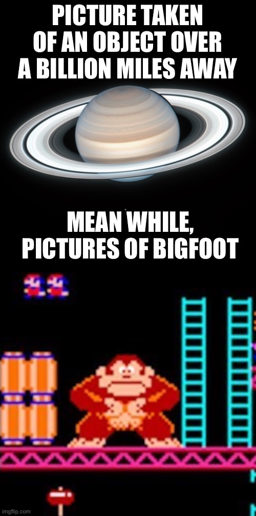 Donkey | PICTURE TAKEN OF AN OBJECT OVER A BILLION MILES AWAY; MEAN WHILE, PICTURES OF BIGFOOT | image tagged in donkey kong | made w/ Imgflip meme maker