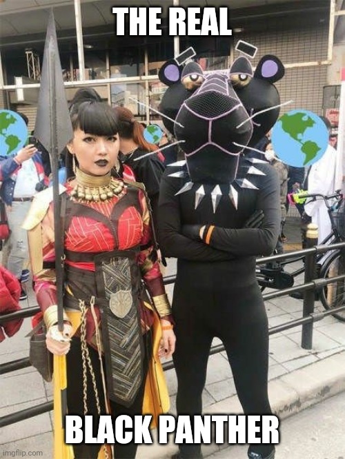 I STILL SEE A LITTLE PINK | THE REAL; BLACK PANTHER | image tagged in pink panther,black panther,cosplay | made w/ Imgflip meme maker