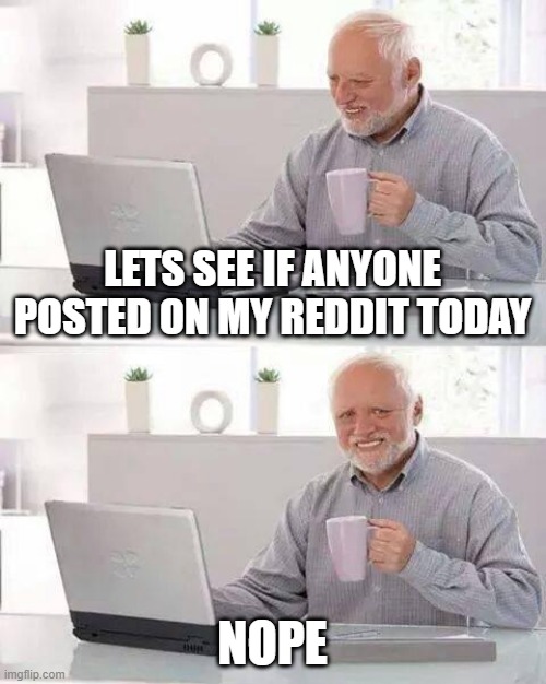 reddit :) | LETS SEE IF ANYONE POSTED ON MY REDDIT TODAY; NOPE | image tagged in memes,hide the pain harold,reddit | made w/ Imgflip meme maker