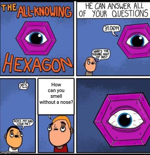 all knowing hexagon: How can you smell without a nose? | How can you smell without a nose? | image tagged in all knowing hexagon,memes,funny,meme,nose,smell | made w/ Imgflip meme maker
