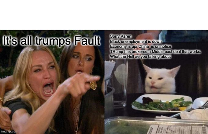 Woman Yelling At Cat Meme | It's all trumps Fault Sorry Karen 
Black unemployment is down 
Economy is up/ China  is on notice 
TRump has brokered a Middle east deal tha | image tagged in memes,woman yelling at cat | made w/ Imgflip meme maker