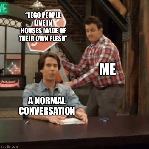 Spencer getting hit by stop sign | “LEGO PEOPLE LIVE IN HOUSES MADE OF THEIR OWN FLESH”; ME; A NORMAL CONVERSATION | image tagged in spencer getting hit by stop sign,lego,normal conversation,flesh | made w/ Imgflip meme maker
