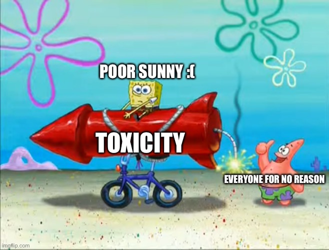 Spongebob, Patrick, and the firework | POOR SUNNY :( EVERYONE FOR NO REASON TOXICITY | image tagged in spongebob patrick and the firework | made w/ Imgflip meme maker