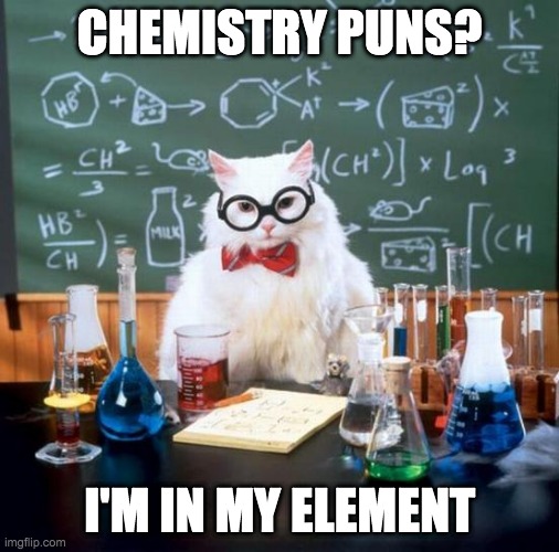 I'm In My Element | CHEMISTRY PUNS? I'M IN MY ELEMENT | image tagged in memes,chemistry cat | made w/ Imgflip meme maker