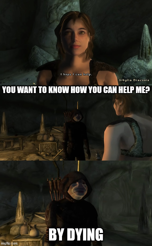 Sibylla Helps Autism Cat by Dying | YOU WANT TO KNOW HOW YOU CAN HELP ME? BY DYING | image tagged in sibylla helps autism cat,sibylla,autism cat,elder scrolls,oblivion,dark brotherhood | made w/ Imgflip meme maker