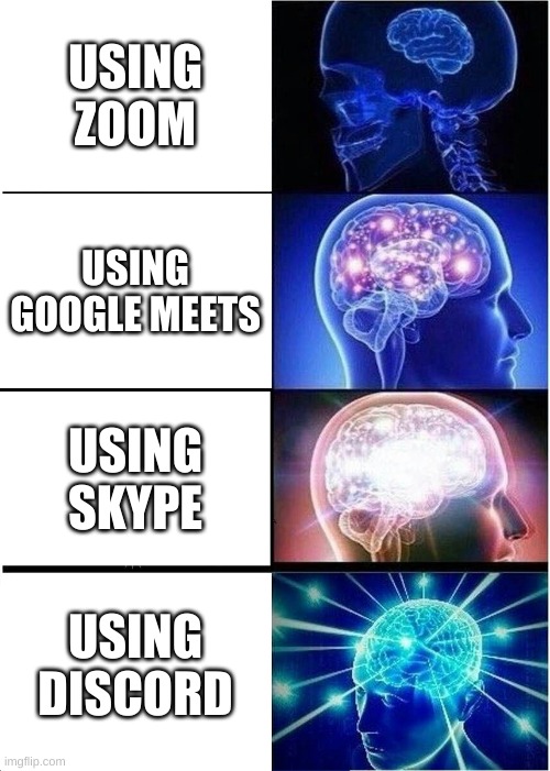 Expanding Brain Meme | USING ZOOM; USING GOOGLE MEETS; USING SKYPE; USING DISCORD | image tagged in memes,expanding brain | made w/ Imgflip meme maker