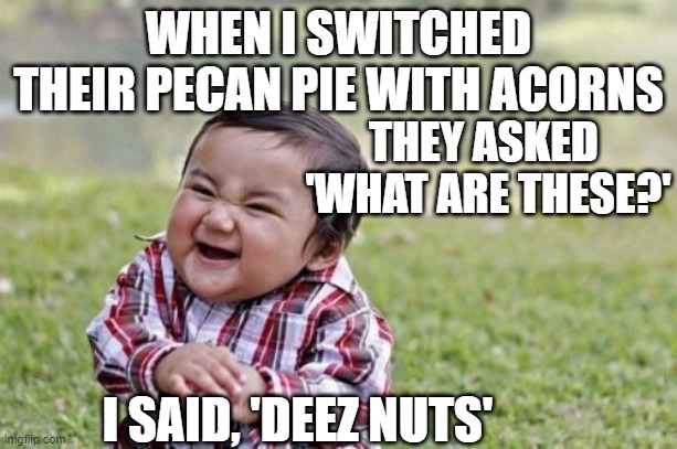 gautumn | THEY ASKED
 'WHAT ARE THESE?'; WHEN I SWITCHED THEIR PECAN PIE WITH ACORNS; I SAID, 'DEEZ NUTS' | image tagged in memes,evil toddler | made w/ Imgflip meme maker