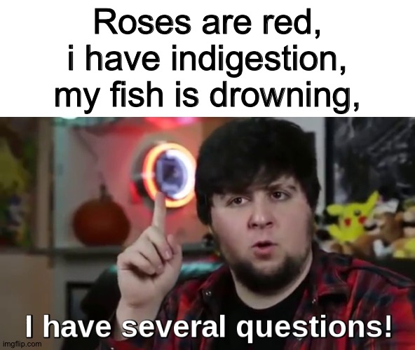 I have several questions(HD) | Roses are red, i have indigestion, my fish is drowning, | image tagged in i have several questions hd | made w/ Imgflip meme maker