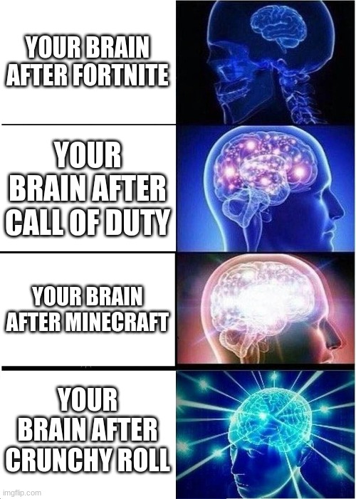 Expanding Brain | YOUR BRAIN AFTER FORTNITE; YOUR BRAIN AFTER CALL OF DUTY; YOUR BRAIN AFTER MINECRAFT; YOUR BRAIN AFTER CRUNCHY ROLL | image tagged in memes,expanding brain | made w/ Imgflip meme maker