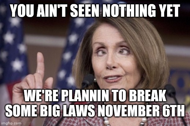 Madam ( interim ) President | YOU AIN'T SEEN NOTHING YET; WE'RE PLANNIN TO BREAK SOME BIG LAWS NOVEMBER 6TH | image tagged in nancy pelosi | made w/ Imgflip meme maker