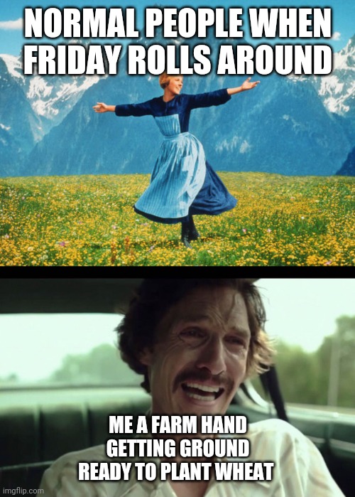 NORMAL PEOPLE WHEN FRIDAY ROLLS AROUND; ME A FARM HAND GETTING GROUND READY TO PLANT WHEAT | image tagged in matthew mcconaughey,sound of music | made w/ Imgflip meme maker