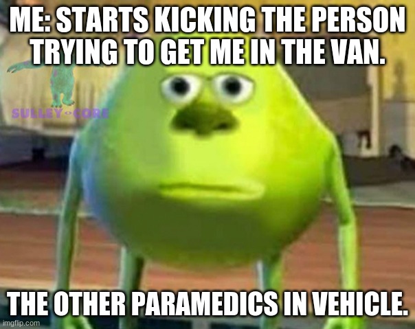 Don't Get In White Vans Kids | ME: STARTS KICKING THE PERSON TRYING TO GET ME IN THE VAN. THE OTHER PARAMEDICS IN VEHICLE. | image tagged in monsters inc,white van,ambulance,misunderstanding | made w/ Imgflip meme maker