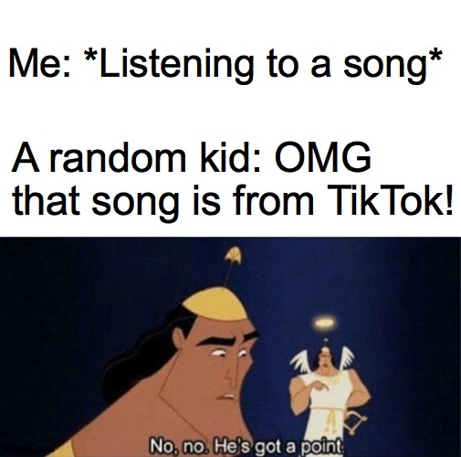 No no he's got a point | Me: *Listening to a song*; A random kid: OMG that song is from TikTok! | image tagged in no no he's got a point | made w/ Imgflip meme maker