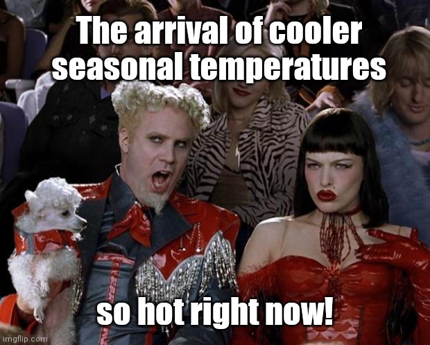 The arrival at last | The arrival of cooler seasonal temperatures; so hot right now! | image tagged in memes,mugatu so hot right now,autumn,fall weather,humor | made w/ Imgflip meme maker