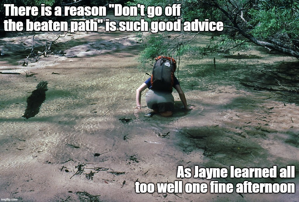 Off the beaten path | There is a reason "Don't go off the beaten path" is such good advice; As Jayne learned all too well one fine afternoon | image tagged in quicksand,big booty,stuck,big butt,mudding | made w/ Imgflip meme maker