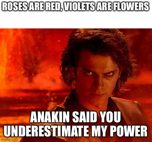 You Underestimate My Power | ROSES ARE RED, VIOLETS ARE FLOWERS; ANAKIN SAID YOU UNDERESTIMATE MY POWER | image tagged in memes,you underestimate my power | made w/ Imgflip meme maker