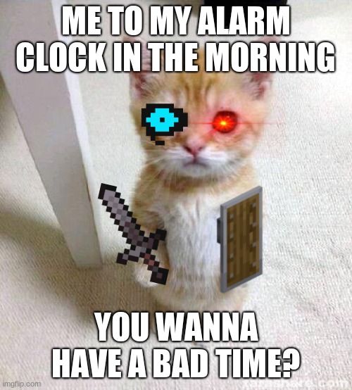 Me to my alarm clock | ME TO MY ALARM CLOCK IN THE MORNING; YOU WANNA HAVE A BAD TIME? | image tagged in memes,cute cat | made w/ Imgflip meme maker