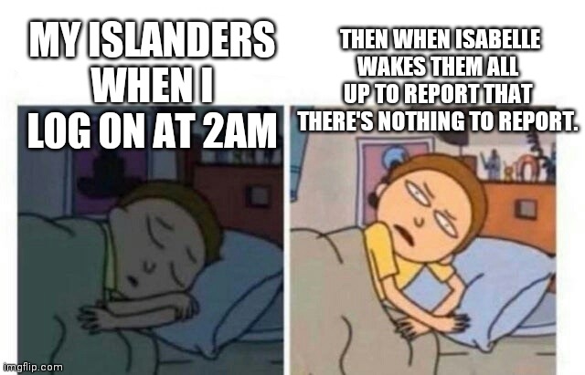 Playing ACNH after working over time | THEN WHEN ISABELLE WAKES THEM ALL UP TO REPORT THAT THERE'S NOTHING TO REPORT. MY ISLANDERS WHEN I LOG ON AT 2AM | image tagged in morty waking up,animal crossing,isabelle animal crossing announcement | made w/ Imgflip meme maker