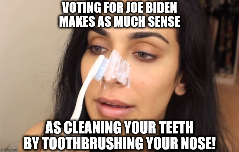 Voting Biden = Brushing your nose | VOTING FOR JOE BIDEN
MAKES AS MUCH SENSE; AS CLEANING YOUR TEETH BY TOOTHBRUSHING YOUR NOSE! | image tagged in libtards,joe biden,dumb shit | made w/ Imgflip meme maker