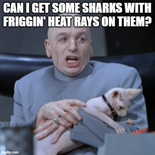 Doctor Evil with Cat | CAN I GET SOME SHARKS WITH FRIGGIN' HEAT RAYS ON THEM? | image tagged in doctor evil with cat | made w/ Imgflip meme maker