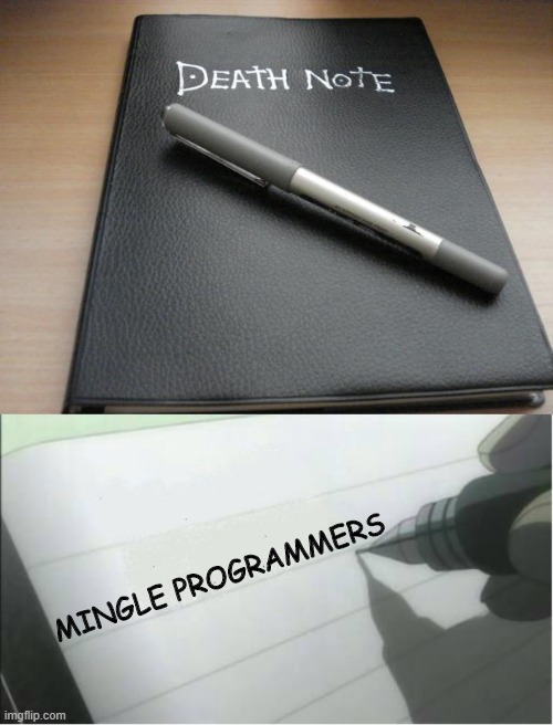 Programmers are single | MINGLE PROGRAMMERS | image tagged in death note,death note blank | made w/ Imgflip meme maker