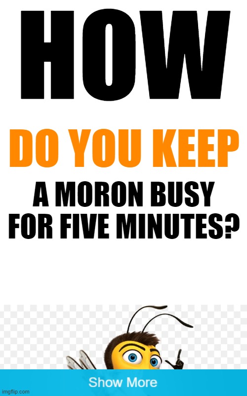 Or possibly 3 seconds | HOW; DO YOU KEEP; A MORON BUSY FOR FIVE MINUTES? | image tagged in blank white template,memes,moron,busy,minutes | made w/ Imgflip meme maker