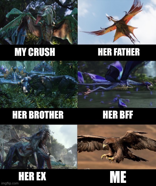 MY CRUSH; HER FATHER; HER BFF; HER BROTHER; ME; HER EX | image tagged in pandoran animals vs earth one,avatar,animals,relationships,girlfriend | made w/ Imgflip meme maker