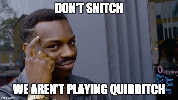 bad,bad, bad joke | DON'T SNITCH; WE AREN'T PLAYING QUIDDITCH | image tagged in memes,roll safe think about it | made w/ Imgflip meme maker