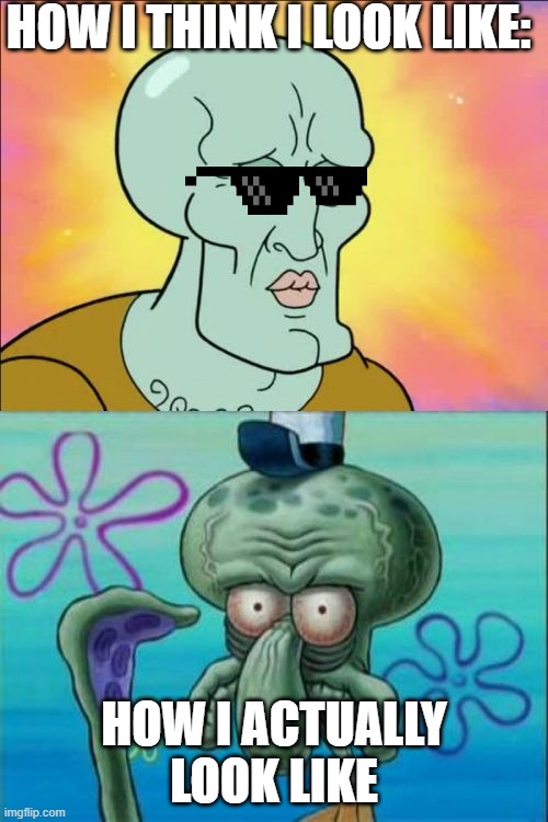 Squidward | HOW I THINK I LOOK LIKE:; HOW I ACTUALLY LOOK LIKE | image tagged in memes,squidward | made w/ Imgflip meme maker
