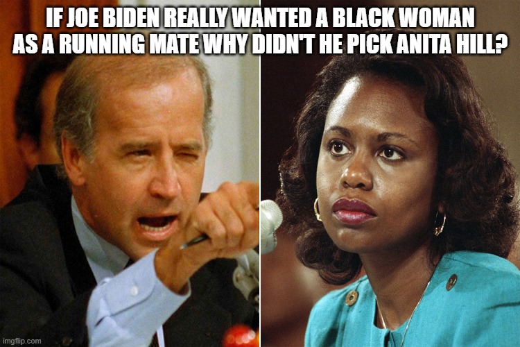 Joe Biden | IF JOE BIDEN REALLY WANTED A BLACK WOMAN AS A RUNNING MATE WHY DIDN'T HE PICK ANITA HILL? | image tagged in political meme | made w/ Imgflip meme maker