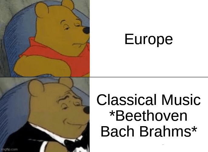 Tuxedo Winnie The Pooh Meme | Europe; Classical Music
*Beethoven Bach Brahms* | image tagged in memes,tuxedo winnie the pooh | made w/ Imgflip meme maker