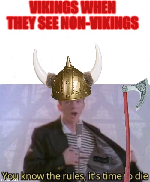  VIKINGS WHEN THEY SEE NON-VIKINGS | image tagged in you know the rules its time to die,viking,die,axe | made w/ Imgflip meme maker