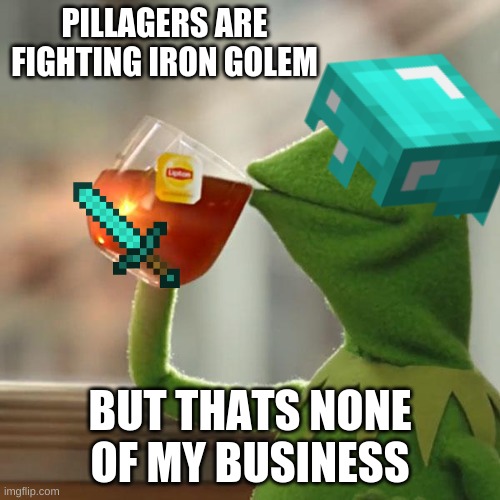 haha get rekt golems | PILLAGERS ARE FIGHTING IRON GOLEM; BUT THATS NONE OF MY BUSINESS | image tagged in but thats none of my business | made w/ Imgflip meme maker