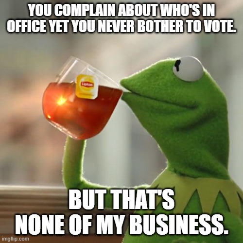 You don't vote, you lose every right to complain. | YOU COMPLAIN ABOUT WHO'S IN OFFICE YET YOU NEVER BOTHER TO VOTE. BUT THAT'S NONE OF MY BUSINESS. | image tagged in memes,but that's none of my business,kermit the frog,politics,american politics,voting | made w/ Imgflip meme maker