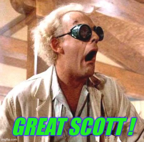 Great Scott!! | GREAT SCOTT ! | image tagged in great scott | made w/ Imgflip meme maker