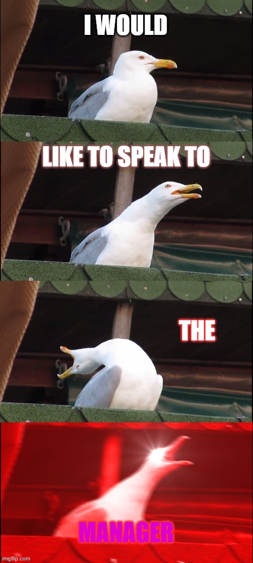 Inhaling Seagull Meme | I WOULD; LIKE TO SPEAK TO; THE; MANAGER | image tagged in memes,inhaling seagull | made w/ Imgflip meme maker