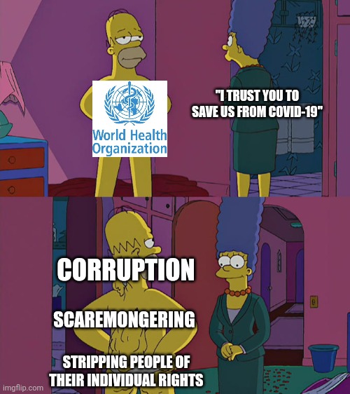 World Health Organization's back fat | "I TRUST YOU TO SAVE US FROM COVID-19"; CORRUPTION; SCAREMONGERING; STRIPPING PEOPLE OF THEIR INDIVIDUAL RIGHTS | image tagged in homer simpson's back fat,covid-19,coronavirus | made w/ Imgflip meme maker