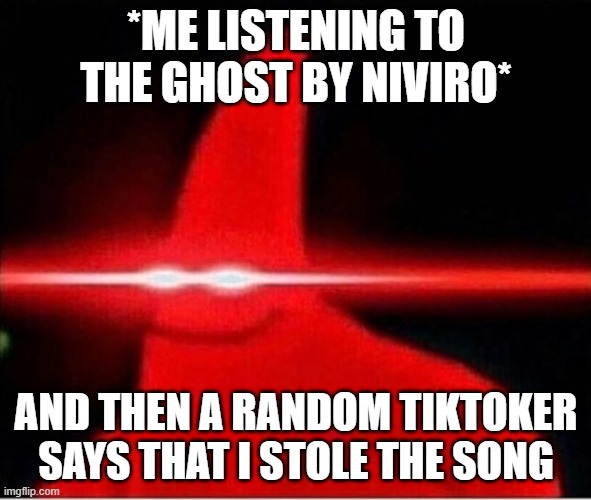Laser eyes  | *ME LISTENING TO THE GHOST BY NIVIRO*; AND THEN A RANDOM TIKTOKER SAYS THAT I STOLE THE SONG | image tagged in laser eyes | made w/ Imgflip meme maker