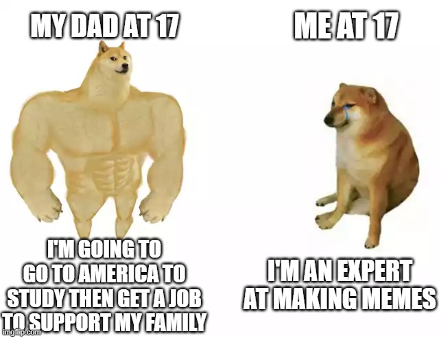 Buff Doge vs. Cheems Meme | ME AT 17; MY DAD AT 17; I'M AN EXPERT AT MAKING MEMES; I'M GOING TO GO TO AMERICA TO STUDY THEN GET A JOB TO SUPPORT MY FAMILY | image tagged in buff doge vs cheems | made w/ Imgflip meme maker